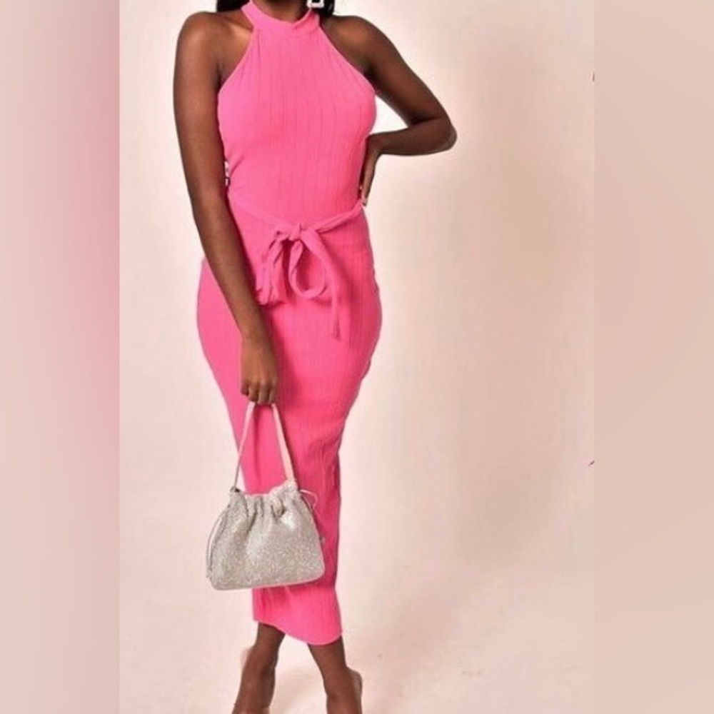 Cotton belt sleeveless long pink dress